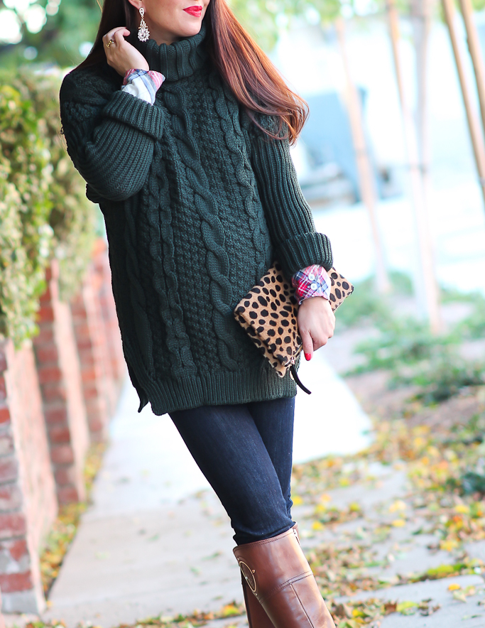 Chicwish cable knit green sweater, Clare V leopard foldover clutch, Fall casual outfits, H&M flannel plaid shirt, Ily Couture CRYSTAL LACE DROP EARRINGs in gold, maternity outfits, Vince Camuto phillie cognac riding boots