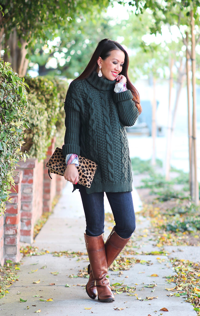 Chicwish cable knit green sweater, Clare V leopard foldover clutch, Fall casual outfits, H&M flannel plaid shirt, Ily Couture CRYSTAL LACE DROP EARRINGs in gold, maternity outfits, Vince Camuto phillie cognac riding boots