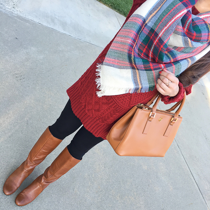 Ann Taylor plaid blanket scarf, ASOS petite maternity leggings, BP crossover ring, BP runway boots, Chicwish cable knit sweater dress in wine, Tory Burch Mini Robinson tote in luggage