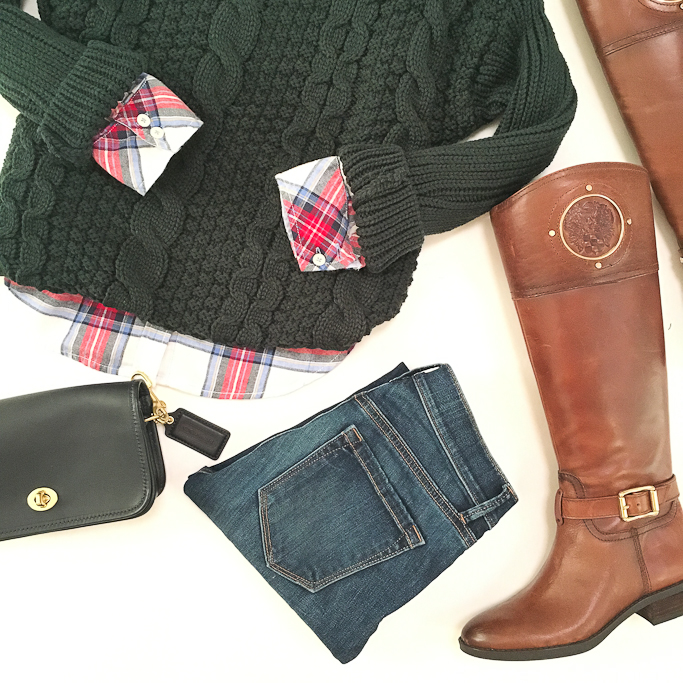 Chicwish green cable knit sweater Vince Camuto phillie cognac riding boots Coach navy crossbody purse H&M Plaid flannel shirt fall outfit 