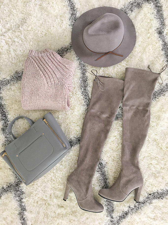 Stuart Wetizman highland over the knee boots topo suede grey over the knee boots Ann Taylor signature mini tote chunky knit sweater grey wool hat