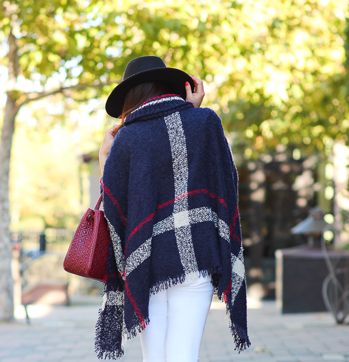 Ily Couture cowl neck plaid poncho Tory Burch quilted burgundy tote Jcrew toothpick white maternity jeans black wool hat