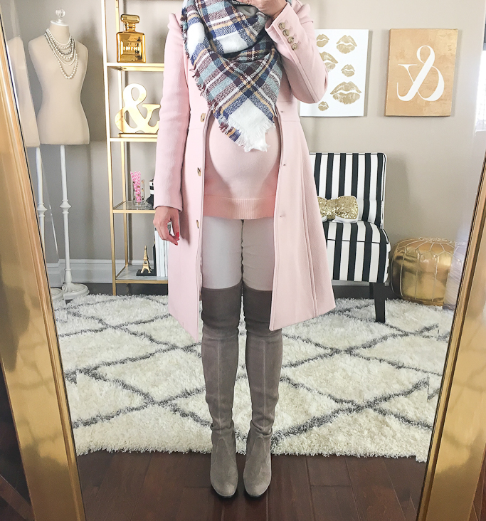 Ann Taylor pink tunic sweater, J.Crew lady day coat in subtle pink, J.Crew Petite Lady Day Coat, J.Crew PETITE MATERNITY PULL-ON TOOTHPICK JEAN, Montgomery tartan plaid blanket scarf, Stuart Weitzman Highland over the knee boots in topo suede