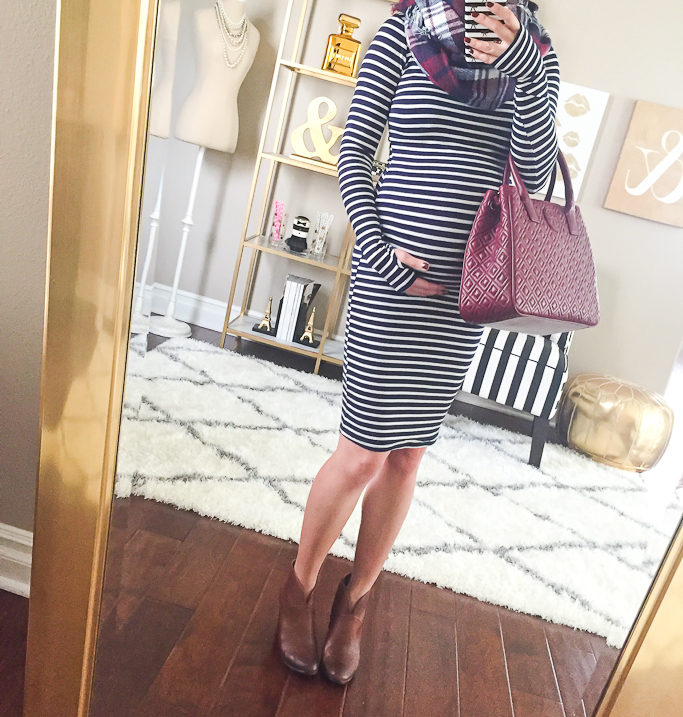 Striped dress Tory Burch burgundy quilted tote Vince Camuto franell ankle booties maternity clothes petite pregnant baby bump