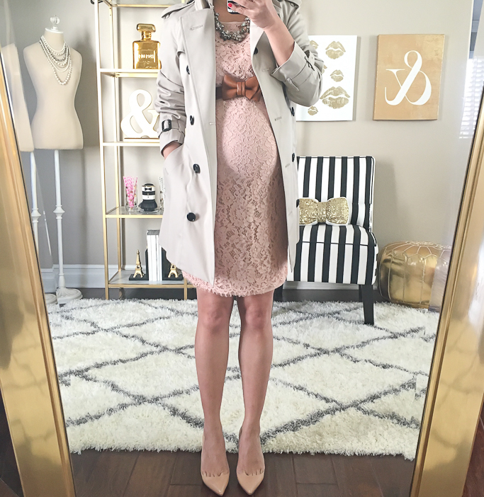 burberry brit marystow trench coat, Burberry petite trench coat size 0, Christian Loubotin Pigalle pumps in blush nude, Cognac bow leather belt, LOFT lace tee dress, Petite maternity outfits