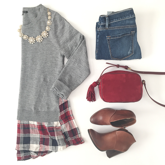 Plaid layered sweater Vince Camuto franell ankle booties Ann Taylor essex camera bag petite jeans