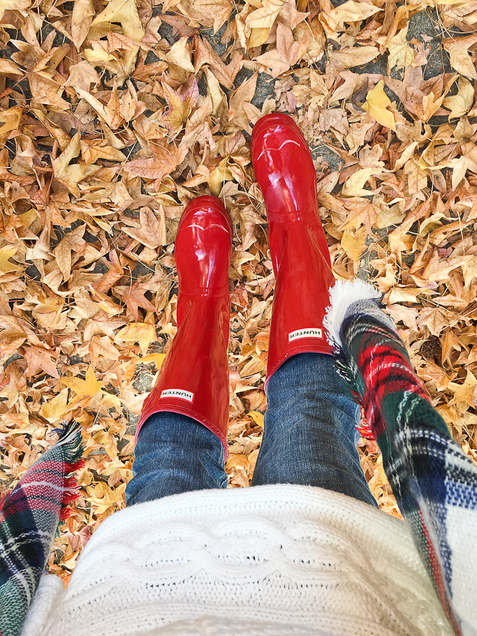 Fall outfit, Modcloth cable knit poncho, plaid blanket scarf, Red Hunter boots