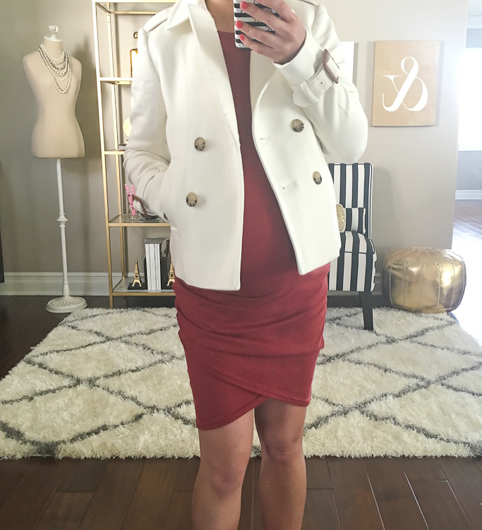 Ann Taylor double breasted trench jacket, Leith Ruched Body-Con Tank Dress