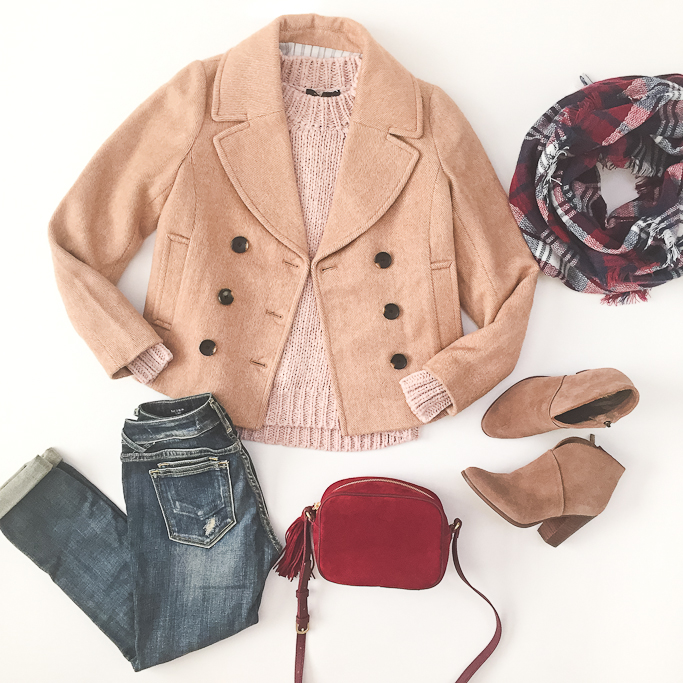 Ann Taylor wool twill camel peacoat Vince Camuto franell ankle booties Essex camera bag plaid infinity scarf