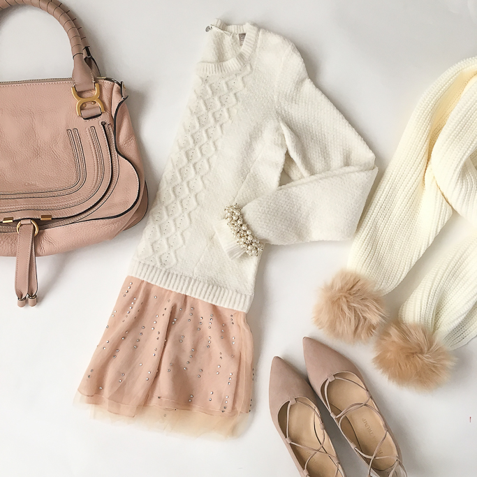 Anthropologie cabled ballerina pullover Chloe marcie small leather satchel Ivanka Trump Tropica blush lace up flats
