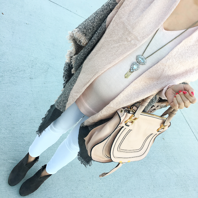 Chloe marcie leather small satchel Ily Couture crystal pendant blanket scarf worn as poncho Vince Camuto franell booties
