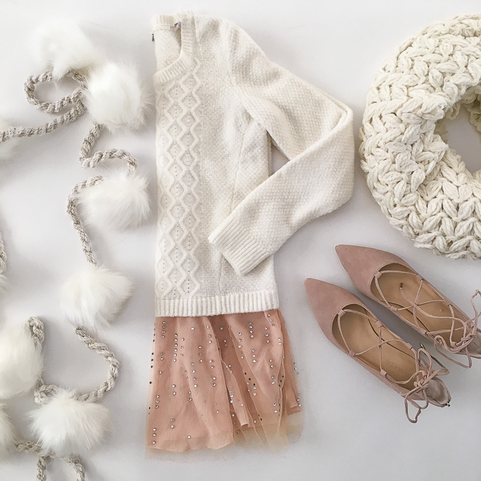Anthropologie cable ballernia pullover, Anthropologie chunky knit scarf, Anthropologie pom pom garland, Ivanka Trump TROPICA POINTY TOE GHILLIE FLAT