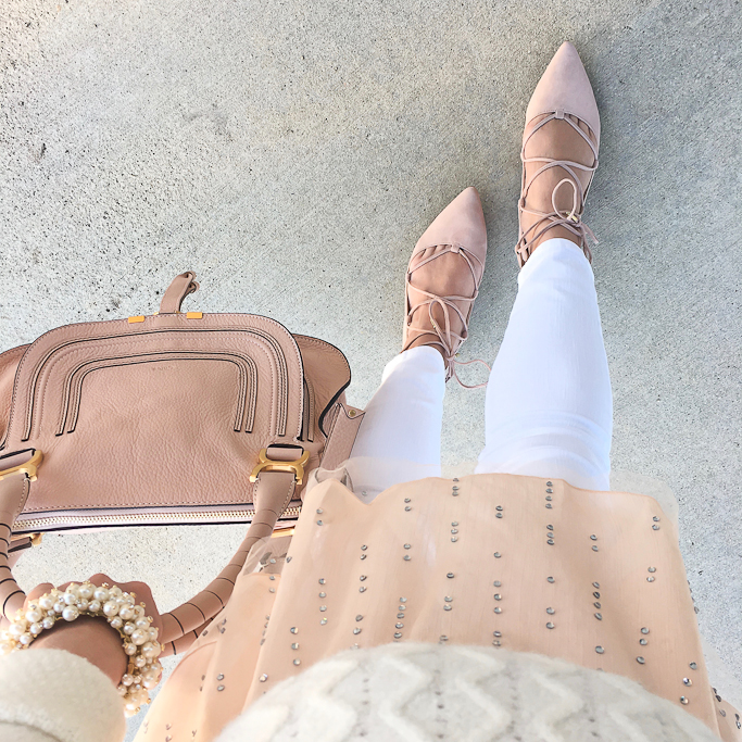 Anthropologie cabled ballerina pullover Chloe marcie small leather satchel Ivanka Trump Tropica blush lace up flats