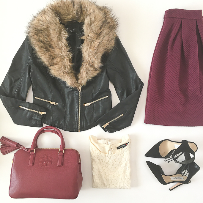 Asos New Look petite faux fur leather biker jacket, Banana republic mad men lace shell, Forever 21 chevron burgundy flare skirt, saks off 5th elin suede pumps, Tory Burch Thea burgundy purse