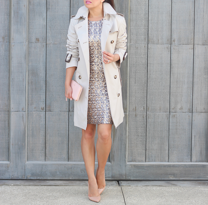 Burberry Trench coat Sequin body con dress Nude christian louboutin pitale pumps Kate Spade pink wallet