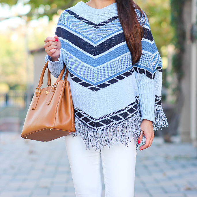 Blue Grey Round Neck Batwing Striped Cape Sweater, J.Crew toothpick maternity petite white jeans, Tory Burch mini Robinson Tote, Vince Camuot franell booties