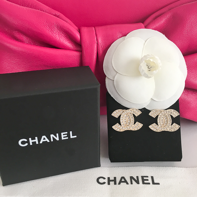 Chanel crystal gold logo earrings