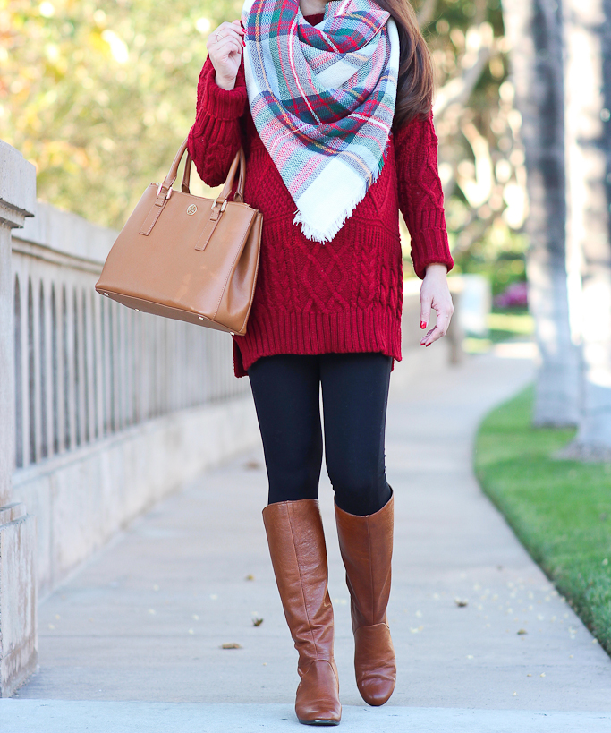 Ann Taylor tartan blanket scarf, black leggings with brown boots, BP Briana cognac boots, Chicwish cable knit sweater dress in wine, Tory Burch mini Robinson bag in pink, Hunter Boots giveaway