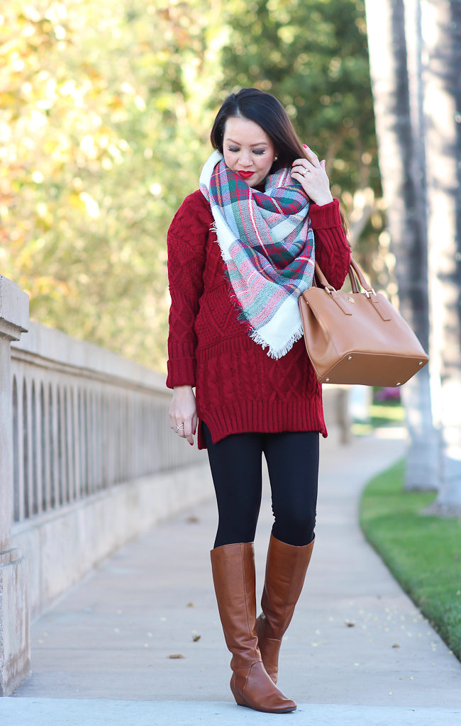 Ann Taylor tartan blanket scarf, black leggings with brown boots, BP Briana cognac boots, Chicwish cable knit sweater dress in wine, Tory Burch mini Robinson bag in pink, Hunter Boots giveaway