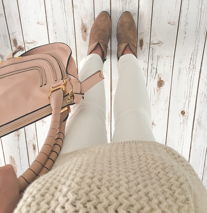 Loft front pocket sweater, Vince Camuto Booties and Chloe marcie petite maternity white jeans