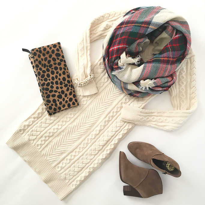 Ann Taylor cable knit sweater dress Ann Taylor tartan plaid blanket scarf Vince Camuto franell ankle bottins