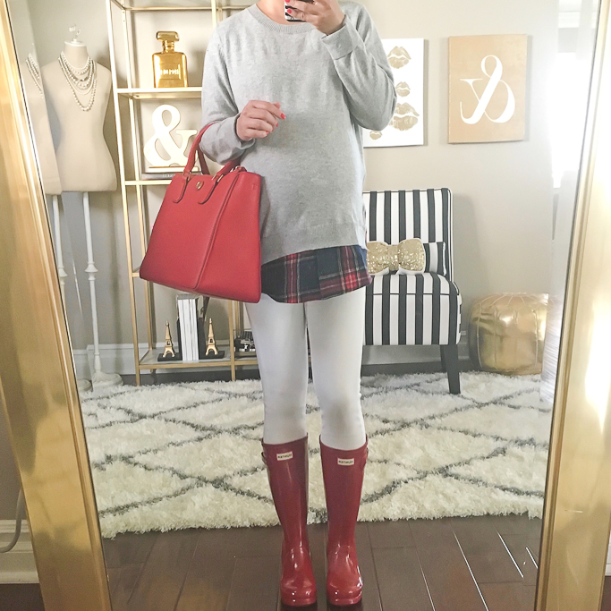 Goodnight Macaroon heather grey plaid sweater, Red Hunter Boots big kids, Tory Burch pebbled red Robinson Tote