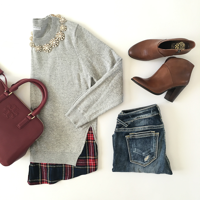Goodnight Macaroon heather grey plaid sweater, Tory Burch thea burgundy double zip satchel, Vigoss dublin distressed denim jeans, Vince Camuto Franell cognac ankle booties