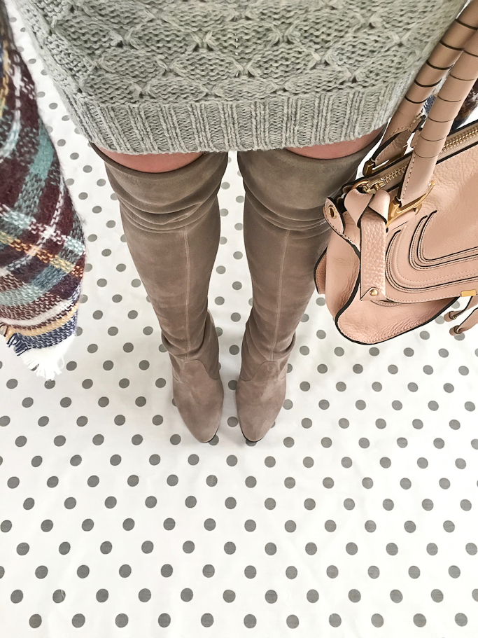 Chloe marcie small leather satchel, Grey cable knit sweater, plaid blanket scarf, Stuart Weitzman Highland over the knee boots in topo suede