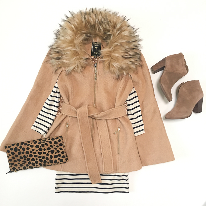 Clare V leopard foldover clutch, Guess Nadia belted camel cape with faux fur collar, Striped dress, Vince Camuto Franell western booties