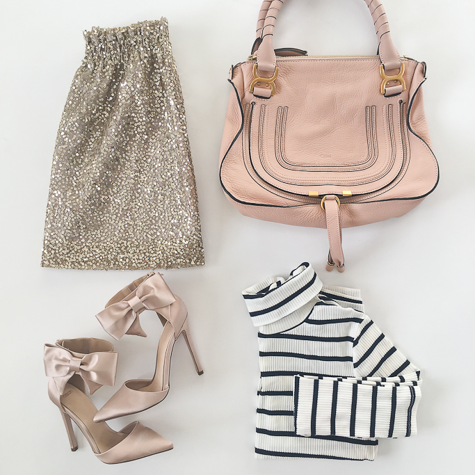 ASOS blush bow pumps, Chloe marcie small leather satchel, Jcrew sequin bell skirt, Modcloth striped turtleneck