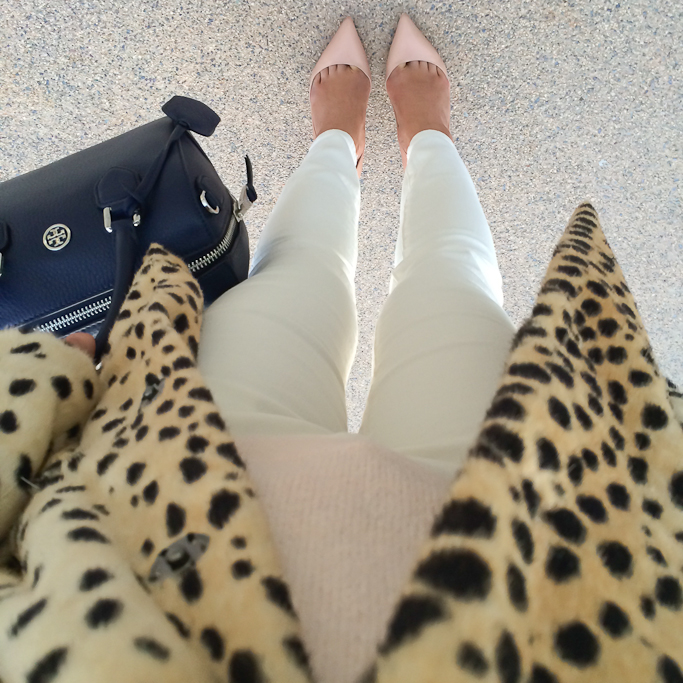 Guess leopard cheetah coat blush pink sweater Tory Burch mini robinsion navy satchel louboutin pigalle nude pumps