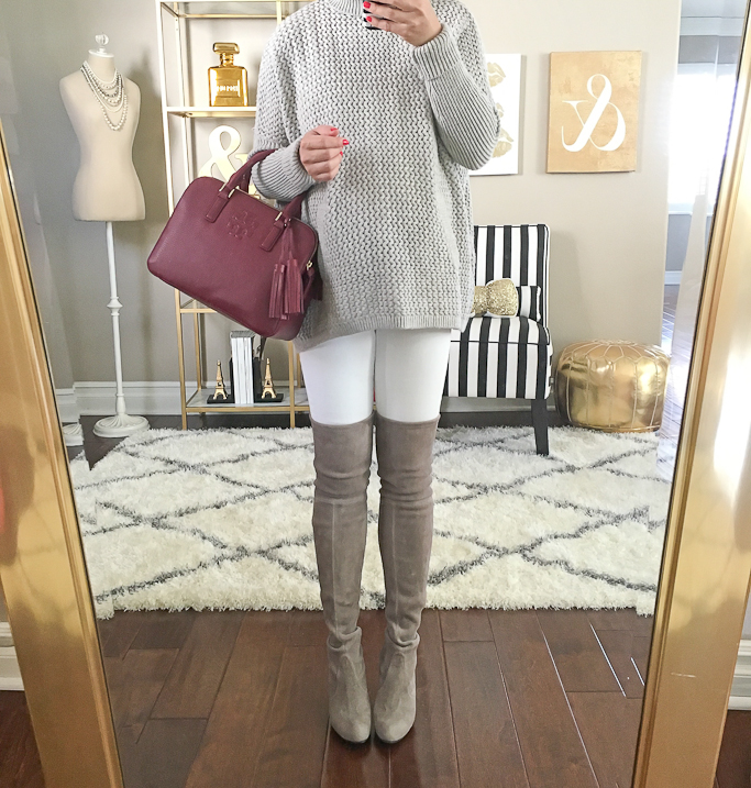J.Crew toothpick maternity petite white jeans, Loft front pocket sweater, Stuart Weitzman Highland over the knee boots in topo suede, Tory Burch Thea burgundy purse
