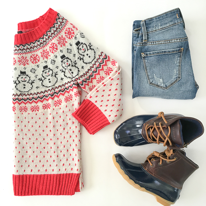 Modcloth oh snow cozy sweater, Modcloth start our saturday jeans, Sperrry duck boots