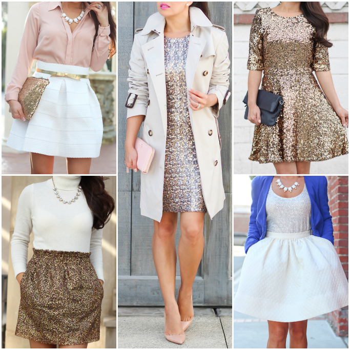 New Years Eve outfit ideas Holiday outfits sequin dresses petite holiday clothes Burberry Trench coat body con sequin dresses white flare skirt
