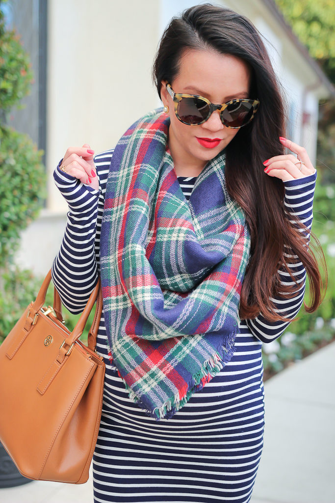 Halogen navy bow pumps, How to find the right sunglasses, Maternity outfits for petites, Socialite Stripe Long Sleeve Body-Con Dress, Tory Burch 54mm cat eye polarized sunglasses Sole Society plaid blanket scarf