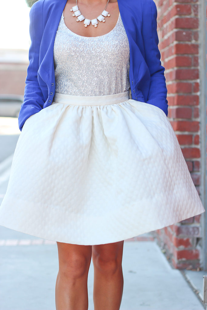 H&M white textured flare skirt J.Crew sequin tank H&M lapis blue blazer Ann Taylor white cabochon necklace