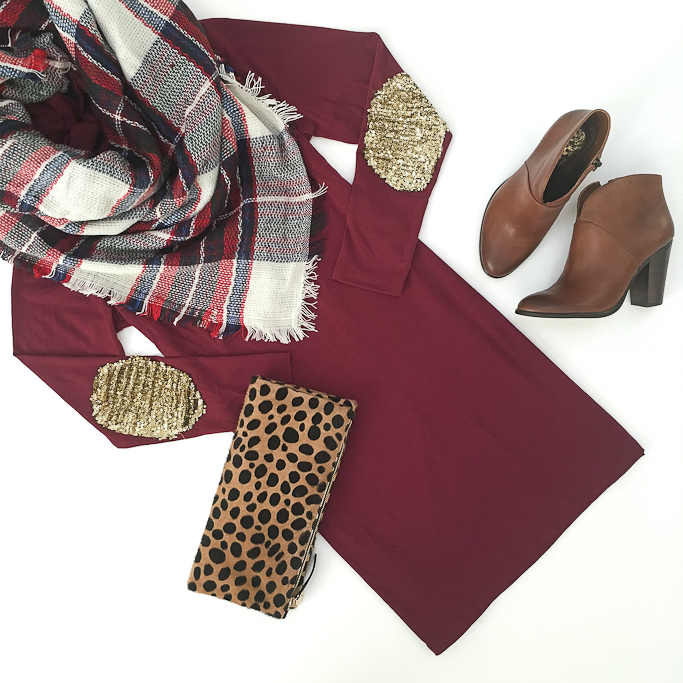 Clare V leopard foldover clutch, plaid blanket scarf, Sequin elbow burgundy dress, Vince Camuto franell ankle booties