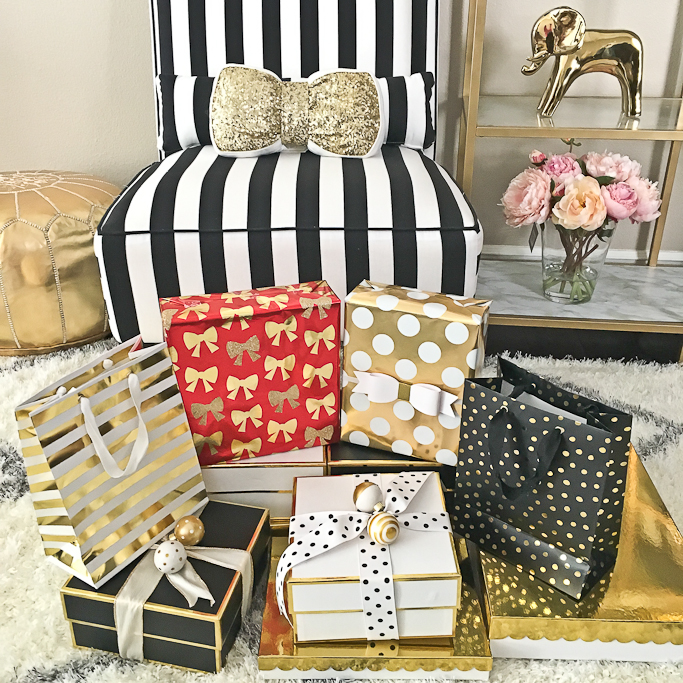 gold elephant, gold sequin bow pillow, morning lavender, striped accent chair, Sugar paper gift wrap, Sugar Paper Target boxes