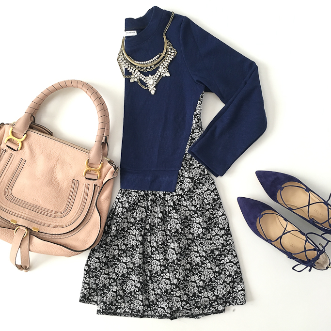 Baublebar Crystal Grendel Bib, Chloe marcie small leather satchel, Goodnight Macaroon Floral Print Mock Layer Navy Blue Dress, Ivanka Trump Tropica ghillie lace up flats