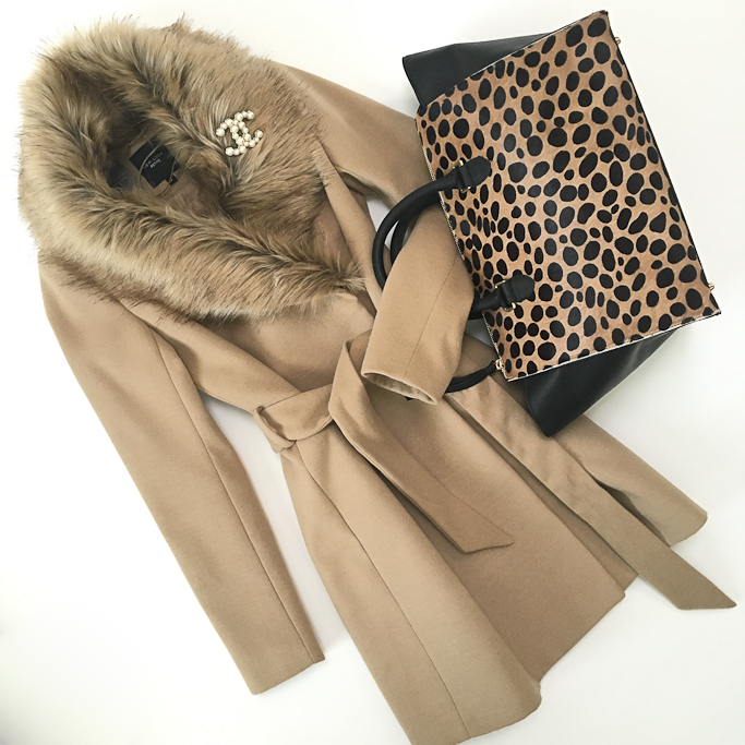 Camel faux fur coat, Chanel pearl brooch, Clare V sandrine leopard satchel, New Look petite camel faux fur collar belted coat