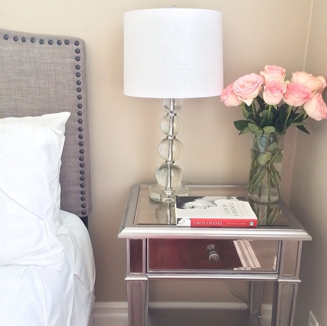 Grey nail headboard mirrored nightstand white pintucked comforter set crystal glass lamp pink roses guest bedroom home decor chanel book