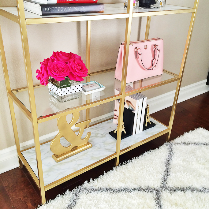 Gold marble shelves DIY ikea hack gold ampersand gold eiffel tower bookends moroccan trellis shag rug