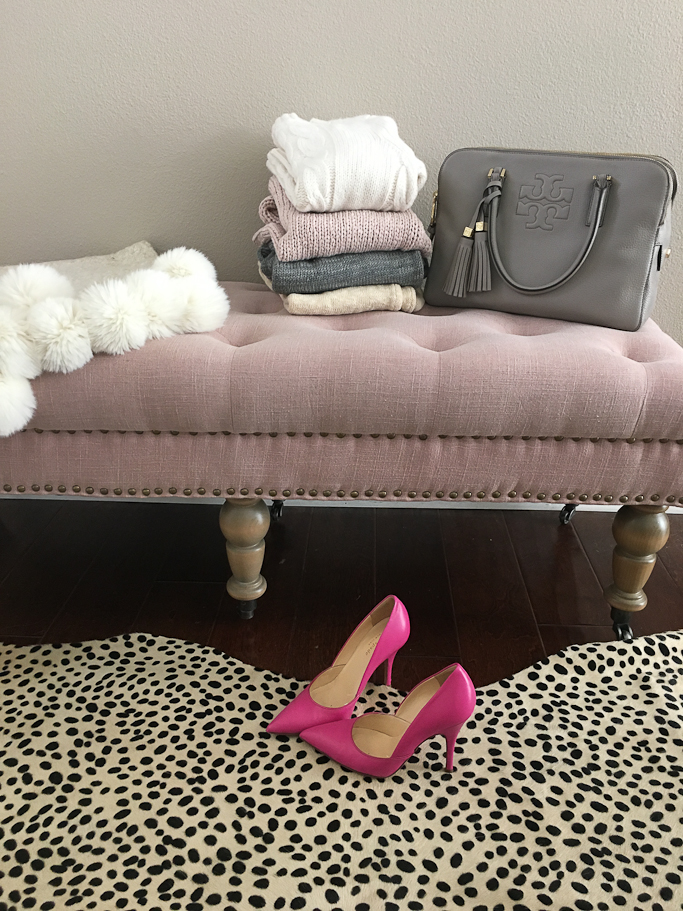 Home Decor, Kate Spade lottie pumps, leopard cheetah cowskin rug, Linon Isabelle Upholstered Bedroom Bench, pink tufted bench, Pom pom blanket throw, Sweaters, Tory Burch triple zip thea satchel