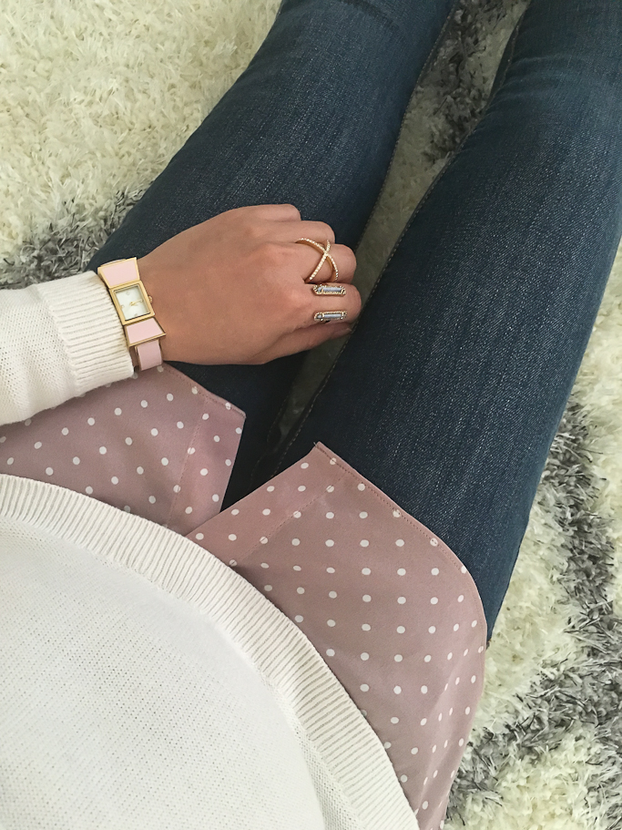 Baublebar Mason pave ring, Baublebar molly ring, Kate Spade pink bow watch, Loft Petite Dotted Two-In-One Sweater, Loft petite modern skinny jeans