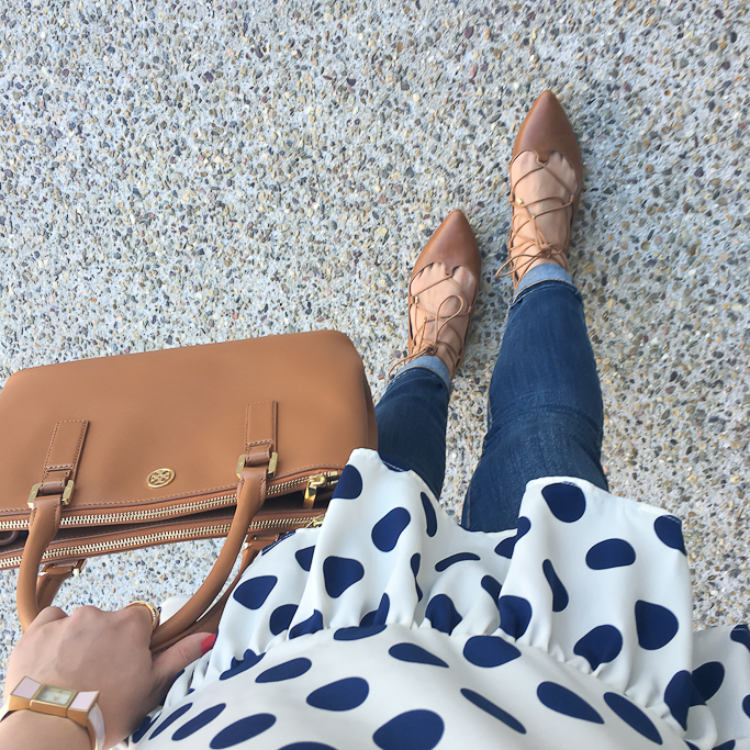 BP Katrina Pointy Toe Lace-Up Flat, Kate Spade bow watch, Modcloth Oh Peppy Days Top, Tory Burch Mini Robinson in luggage