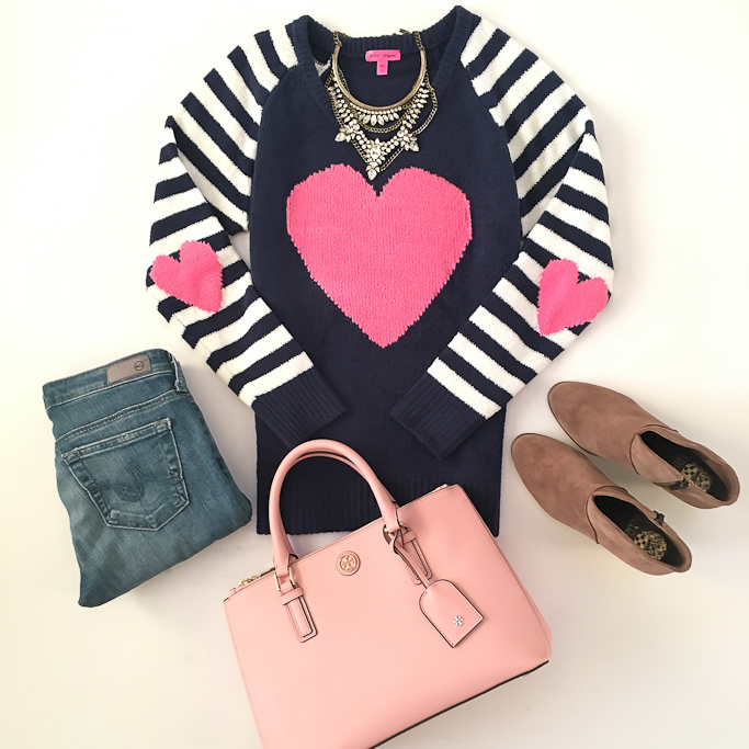 AG distressed super skinny jeans, Baublebar Crystal Grendel Bib, Betsey Johnson Heart Raglan Sweater, Tory Burch mini Robinson tote in rose pink, Vince Camuto Franell western booties