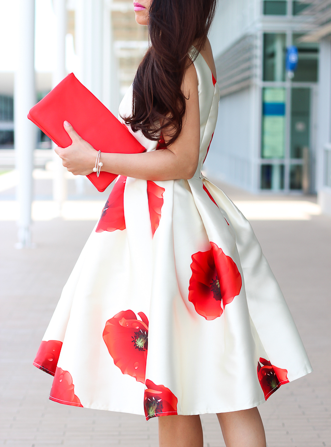Chicwish poppy print dress Dreaming of hana prom dress Ann Taylor red leather clutch Ily Couture pearl bracelet