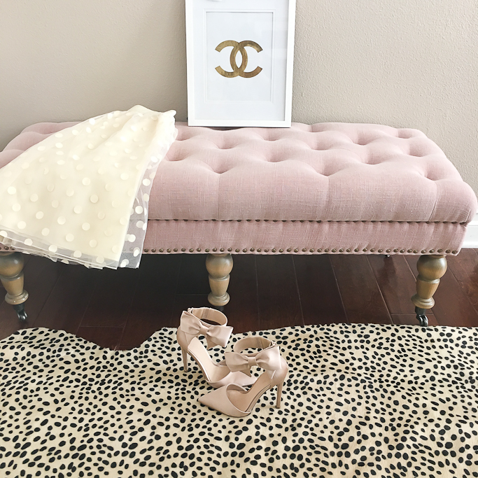 Blush pink bow heels, Chanel logo print, Cheetah leopard cowhide rug, Linon Isabelle Upholstered Bedroom Bench, Space 46 Boutique polka dot tulle skirt