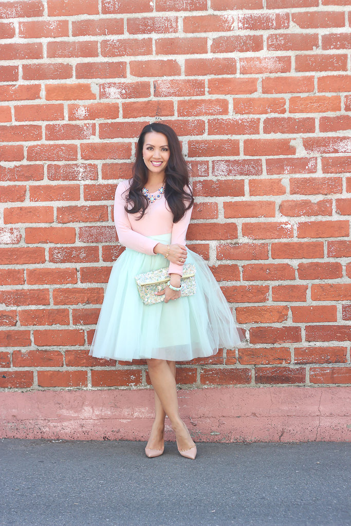 Shabby Apple mint tulle bloom skirt blush long sleeve tee Zara sequin clutch nude pigalle louboutin pumps