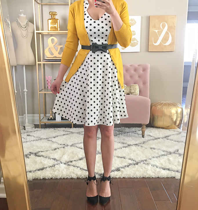 Black leather bow belt, J.Crew faux pearl multi strand pearl necklace, Modcloth charter school cardigan in honey, Modcloth THE STORY OF CITRUS DRESS IN WHITE DOT, saks off 5th elin pumps